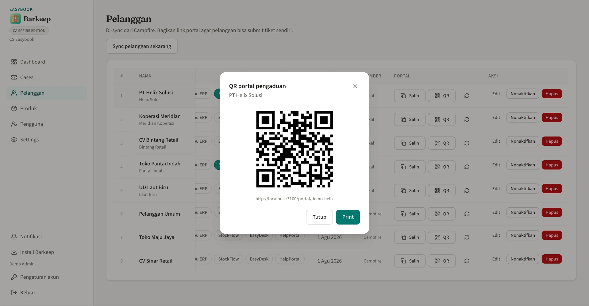Dialog QR portal pengaduan Easydesk yang bisa dicetak untuk pelanggan